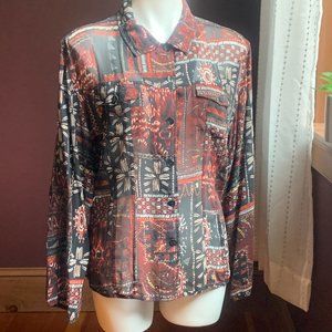 CHICO'S SILK Black Print Button Long Sleeve Sheer Blouse XL